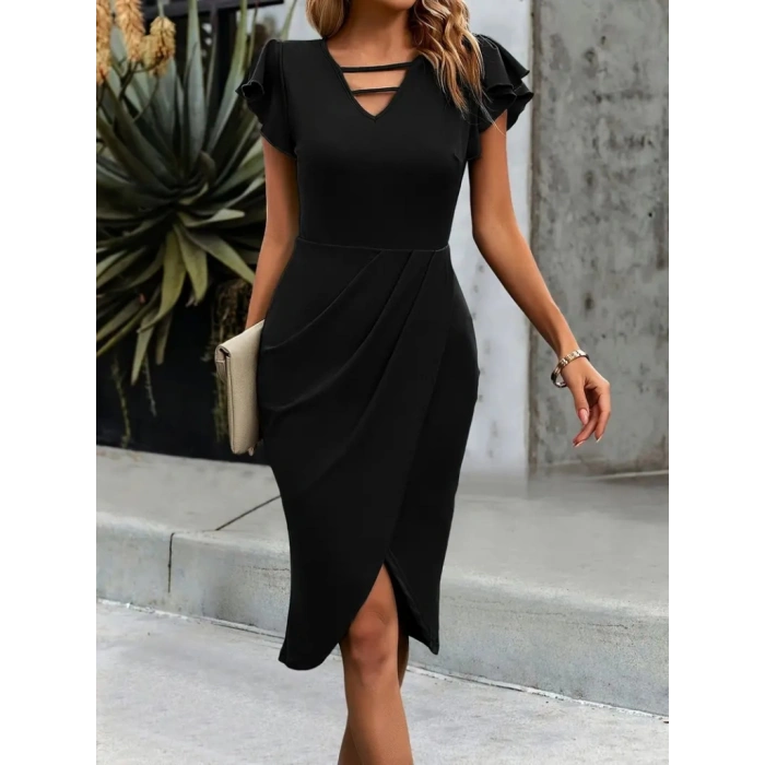 Kadın Kısa Kelebek Kollu V Yakalı Asimetrik Kesim Detaylı Midi Janjan Krep Elbise