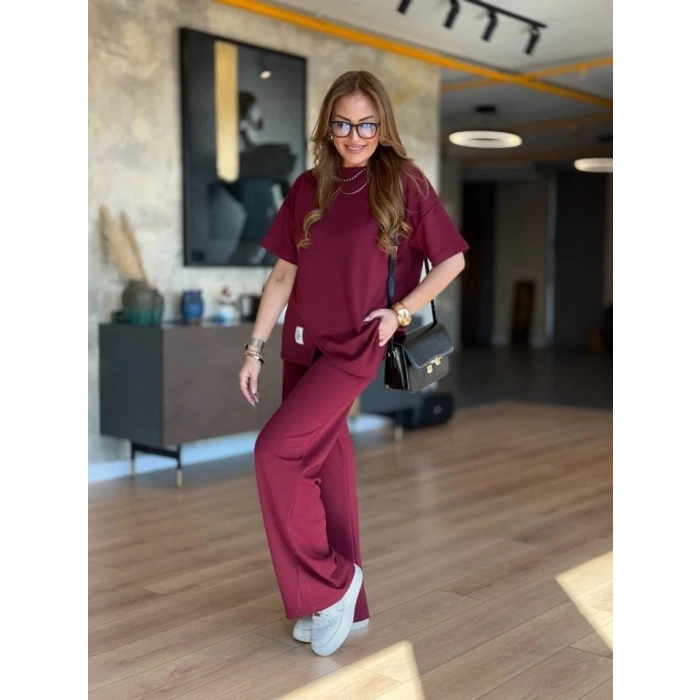 Kadın Kısa Kollu Bisiklet Yaka Asimetrik Viskon Iki Iplik Bluz Ve Pantolon Ikili Takım