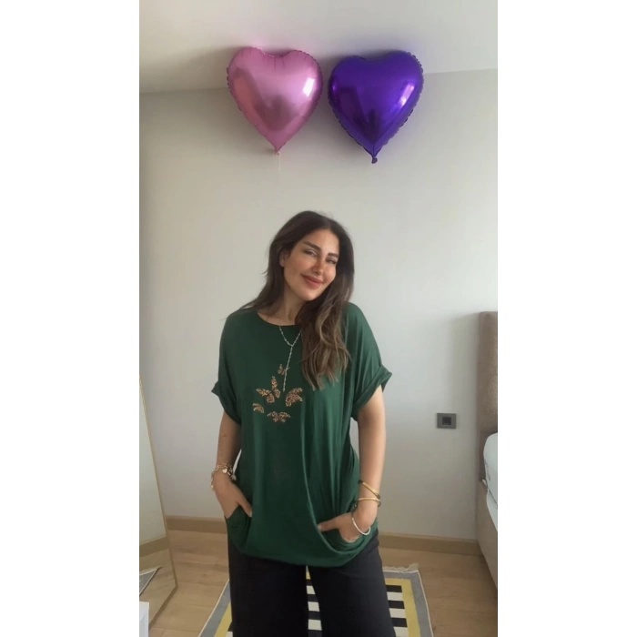 Kadın Kısa Kollu Bisiklet Yaka Cepli Kelebek Baskılı Viskon Elbise