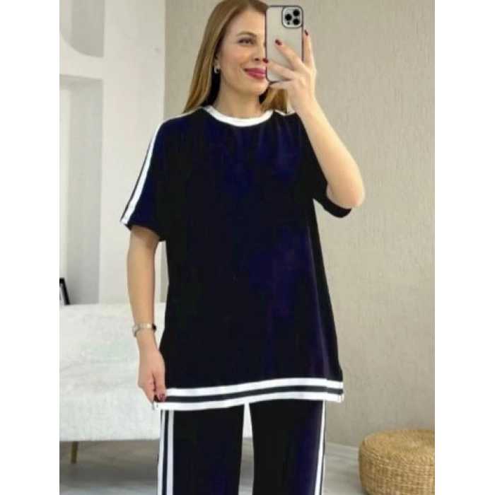 Kadın Kısa Kollu Bisiklet Yaka çift Renk şerit Detaylı Viskon Iki Iplik Bluz Ve Pantolon Ikili Takım