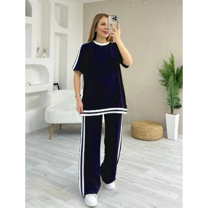 Kadın Kısa Kollu Bisiklet Yaka çift Renk şerit Detaylı Viskon Iki Iplik Bluz Ve Pantolon Ikili Takım