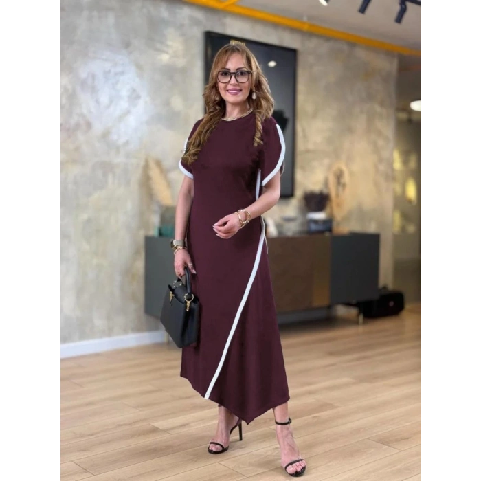 Kadın Kısa Kollu Bisiklet Yaka çift şerit Renk Detaylı Asimetrik Kesim Viskon Iki Iplik Elbise