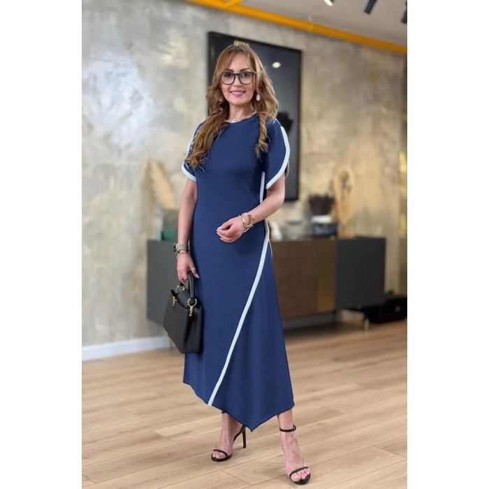 Kadın Kısa Kollu Bisiklet Yaka çift şerit Renk Detaylı Asimetrik Kesim Viskon Iki Iplik Elbise