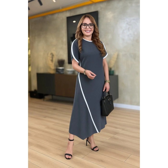 Kadın Kısa Kollu Bisiklet Yaka çift şerit Renk Detaylı Asimetrik Kesim Viskon Iki Iplik Elbise