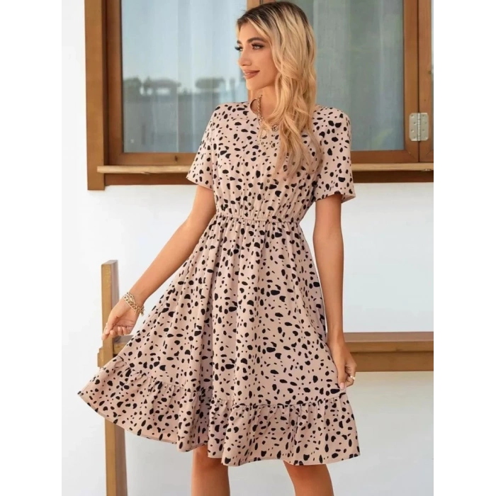 Kadın Kısa Kollu Bisiklet Yaka Desenli Süprem Elbise