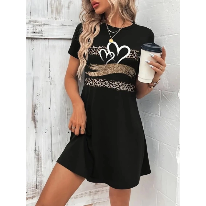 Kadın Kısa Kollu Bisiklet Yaka Desenli Viskon Elbise