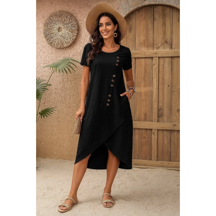 Kadın Kısa Kollu Bisiklet Yaka Düğme Detay Müslim Elbise