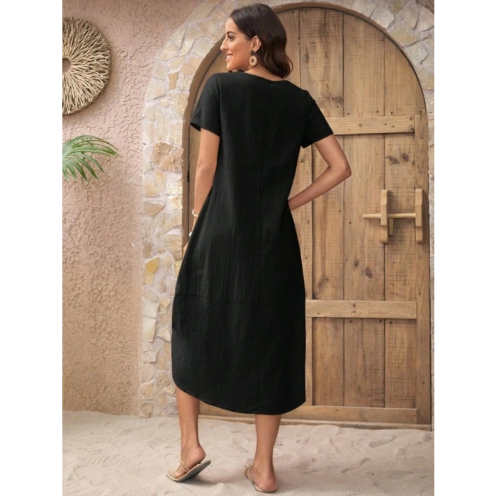 Kadın Kısa Kollu Bisiklet Yaka Düğme Detay Müslim Elbise