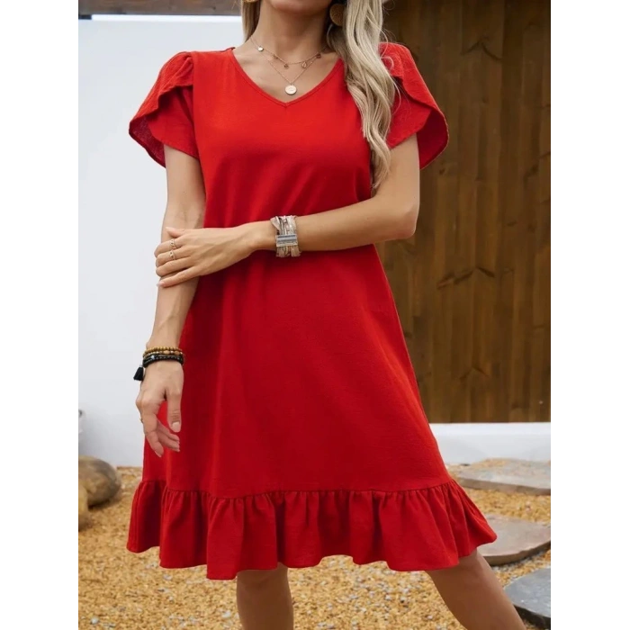 Kadın Kısa Kollu Bisiklet Yaka Fırfırlı Aerobin Elbise