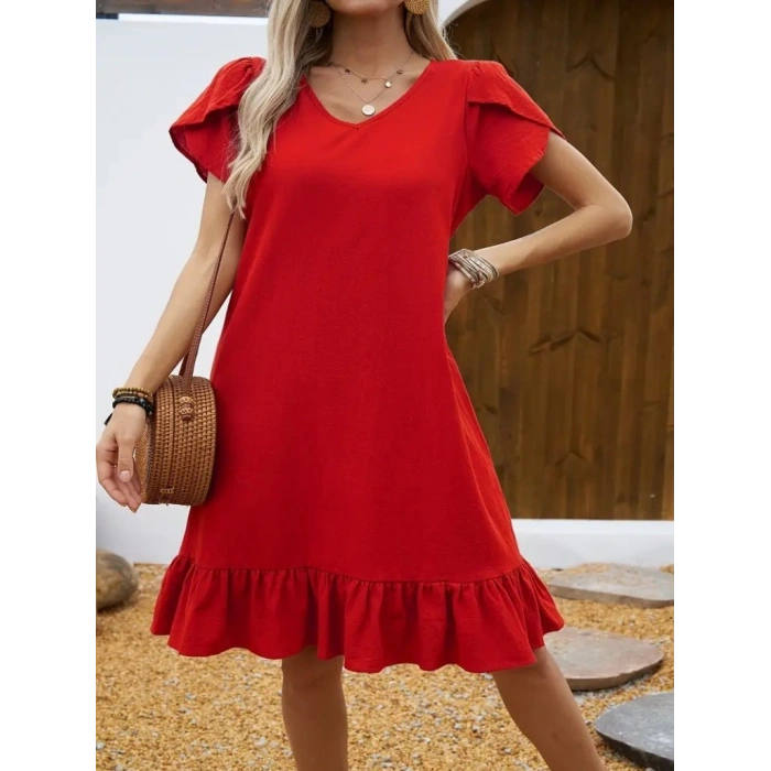 Kadın Kısa Kollu Bisiklet Yaka Fırfırlı Aerobin Elbise