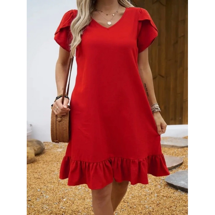 Kadın Kısa Kollu Bisiklet Yaka Fırfırlı Aerobin Elbise