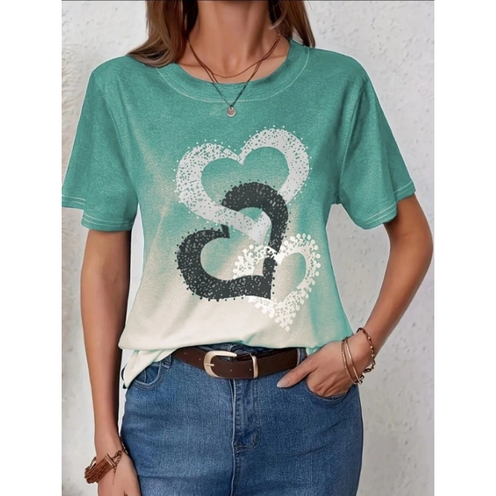 Kadın Kısa Kollu Bisiklet Yaka Kalp Baskılı Süprem Bluz