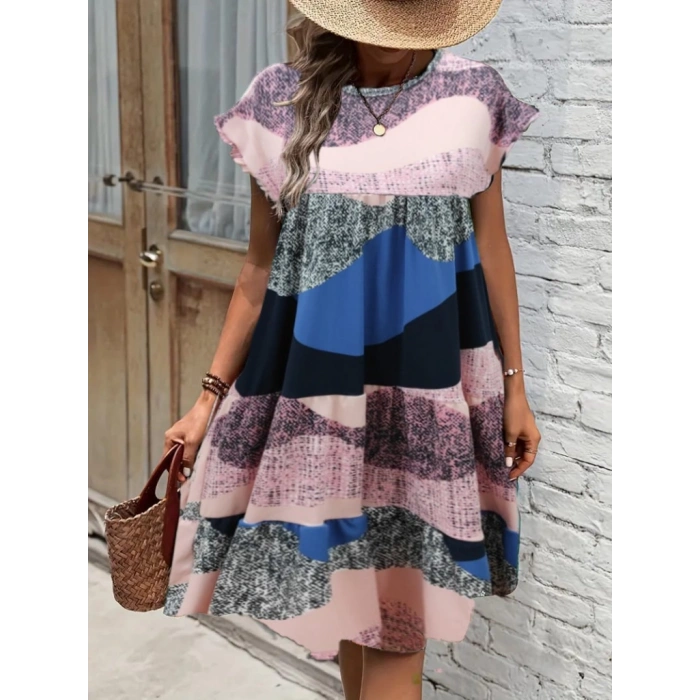 Kadın Kısa Kollu Bisiklet Yaka Kare Desenli Dalgıç Elbise