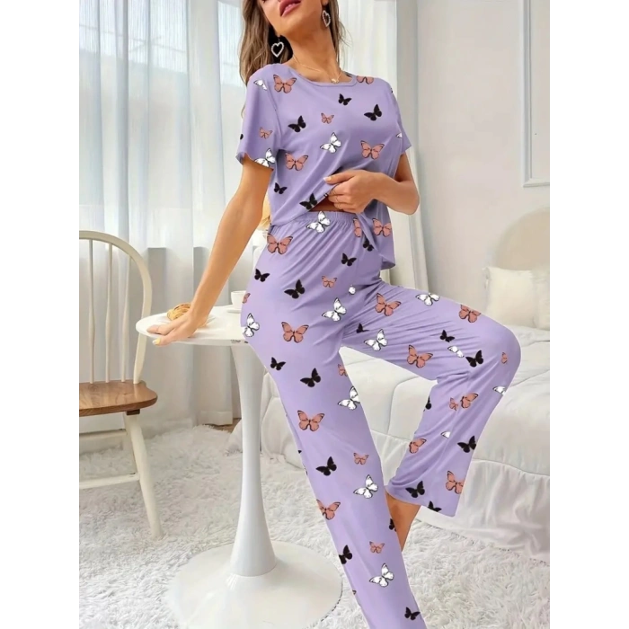 Kadın Kısa Kollu Bisiklet Yaka Kelebek Baskılı Süprem Ikili Takım