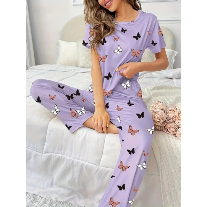 Kadın Kısa Kollu Bisiklet Yaka Kelebek Baskılı Süprem Ikili Takım