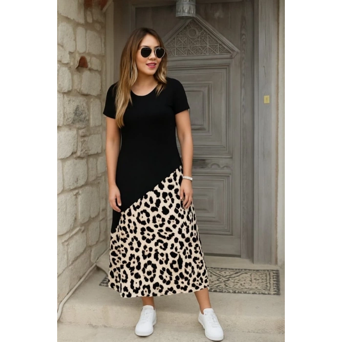 Kadın Kısa Kollu Bisiklet Yaka Leopar Detaylı Midi üst Viskon Alt Süprem Elbise