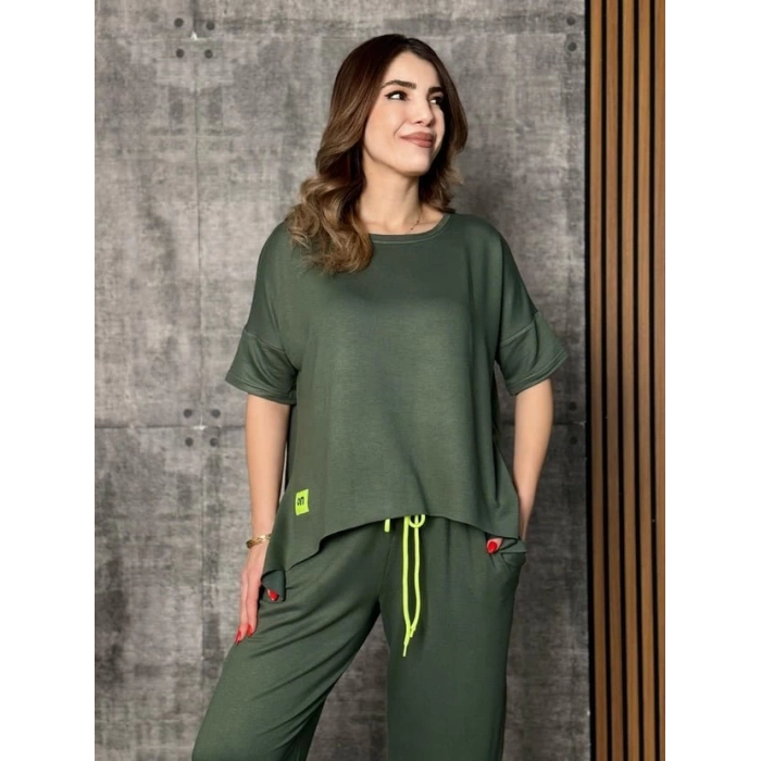 Kadın Kısa Kollu Bisiklet Yaka Viskon Iki Iplik Bluz Ve Pantolon Ikili Takım