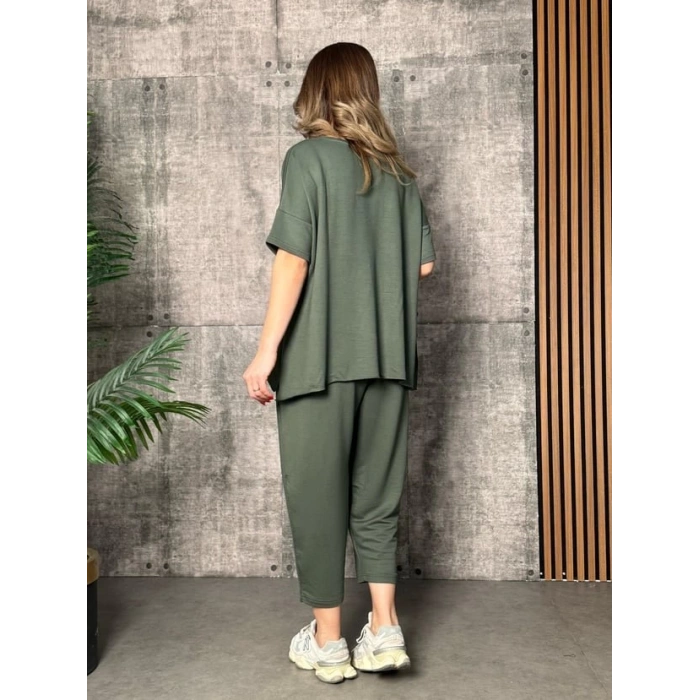 Kadın Kısa Kollu Bisiklet Yaka Viskon Iki Iplik Bluz Ve Pantolon Ikili Takım