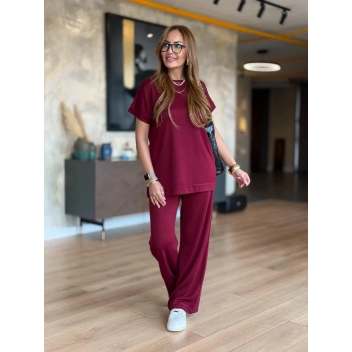 Kadın Kısa Kollu Bisiklet Yaka Viskon Iki Iplik Bluz Ve Pantolon Ikili Takım