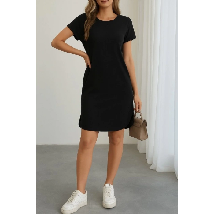 Kadın Kısa Kollu Bisiklet Yaka Viskon Iki Iplik Elbise