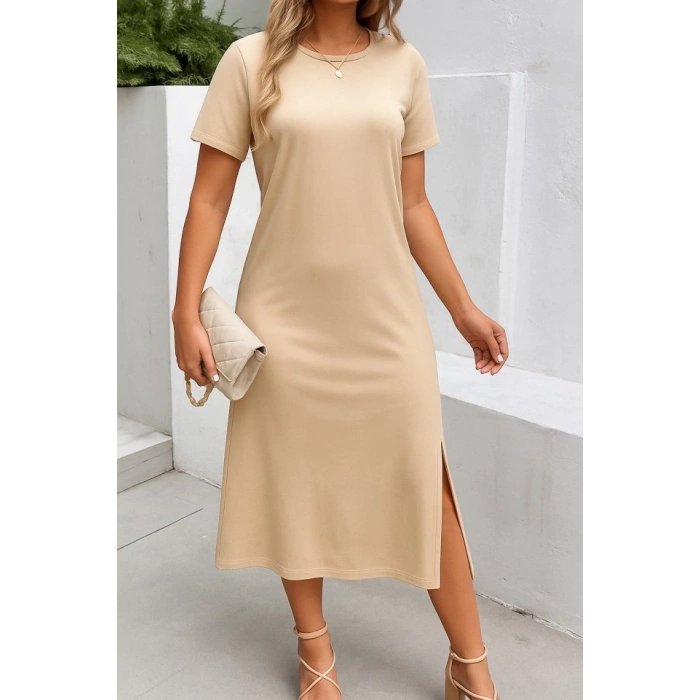 Kadın Kısa Kollu Bisiklet Yaka Yandan Yırtmaçlı Viskon Elbise