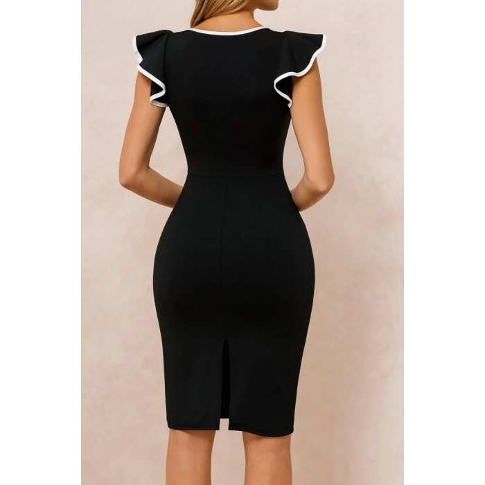 Kadın Kısa Kollu Bisiklet Yaka Yırtmaçlı Ithal Krep Elbise