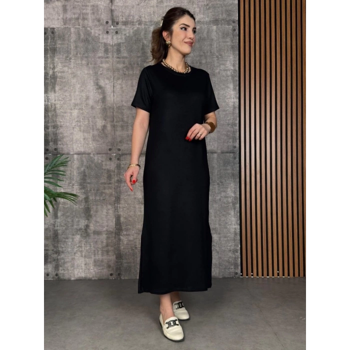 Kadın Kısa Kollu Bisiklet Yaka Yırtmaçlı Viskon Iki Iplik Elbise