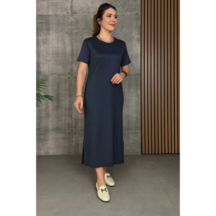 Kadın Kısa Kollu Bisiklet Yaka Yırtmaçlı Viskon Iki Iplik Elbise