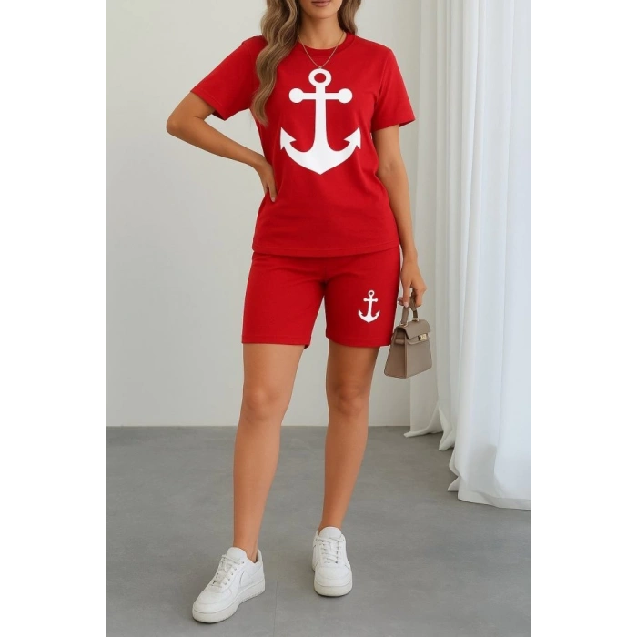 Kadın Kısa Kollu çapa Baskılı Viskon Ikili Takım