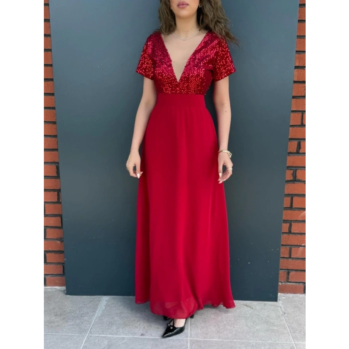 Kadın Kısa Kollu Derin V Yakalı A Kesim Pulpayet Detaylı şifon Nedime Elbisesi