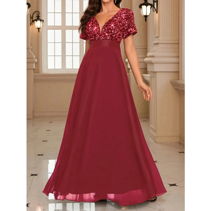 Kadın Kısa Kollu Derin V Yakalı A Kesim Pulpayet Detaylı şifon Nedime Elbisesi