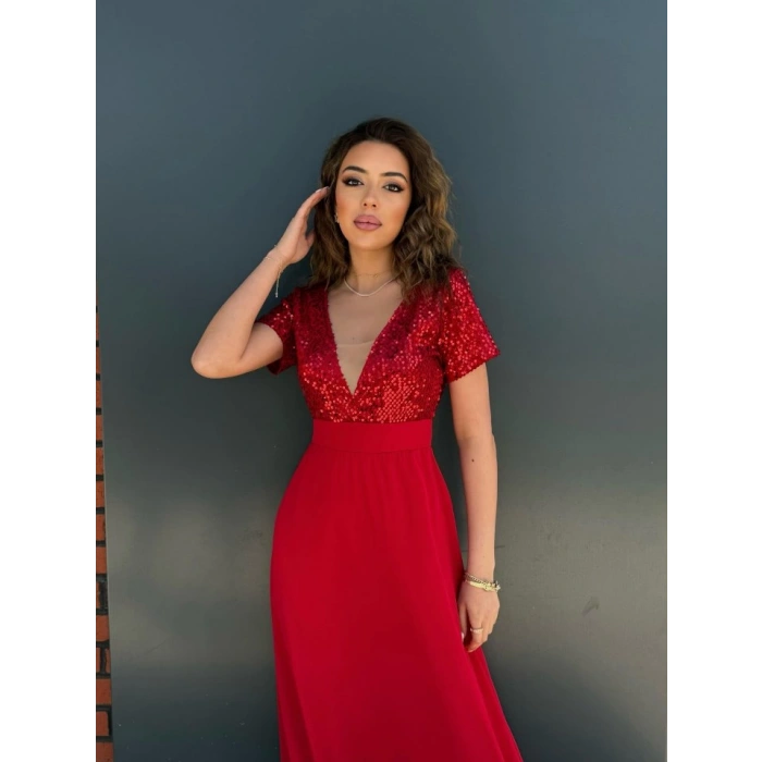 Kadın Kısa Kollu Derin V Yakalı A Kesim Pulpayet Detaylı şifon Nedime Elbisesi