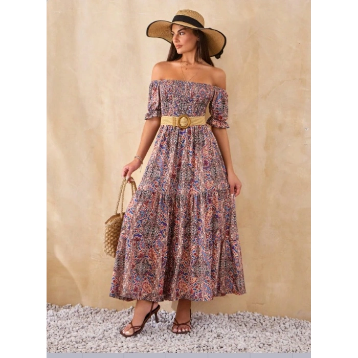 Kadın Kısa Kollu Düşük Omuzlu Beli Büzgülü Dijital Desenli Kesik Elyaf Süprem Uzun Elbise