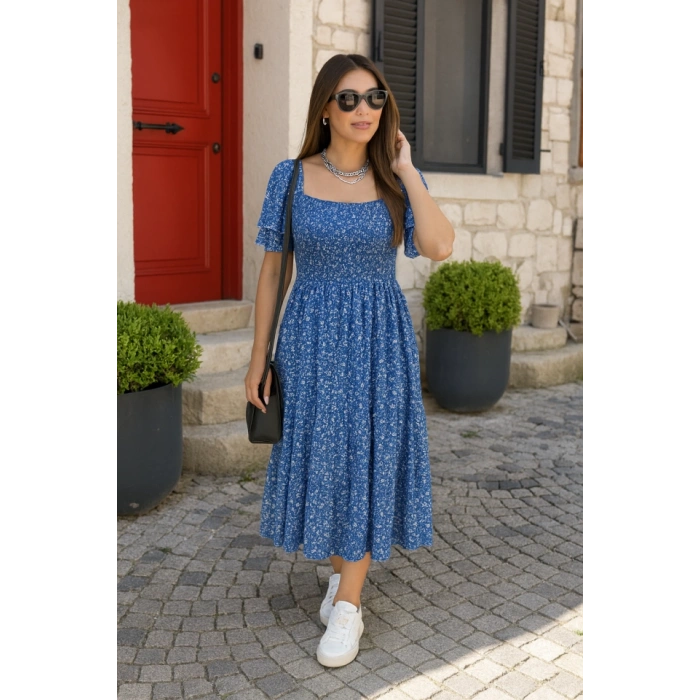 Kadın Kısa Kollu Gipe Detaylı Desenli Midi Süprem Elbise