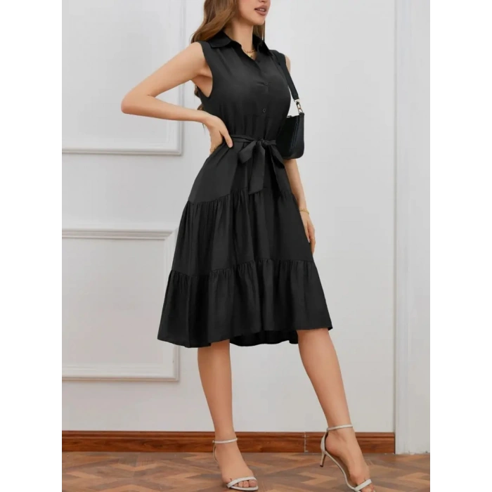 Kadın Kısa Kollu Gömlek Yaka Düğmeli Beli Kuşaklı Katlı Dokuma Midi Elbise