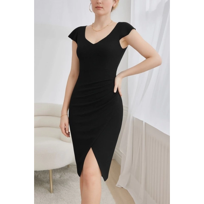 Kadın Kısa Kollu Kalp Yaka Yanlardan Büzgü Detay Midi Janjan Krep Elbise