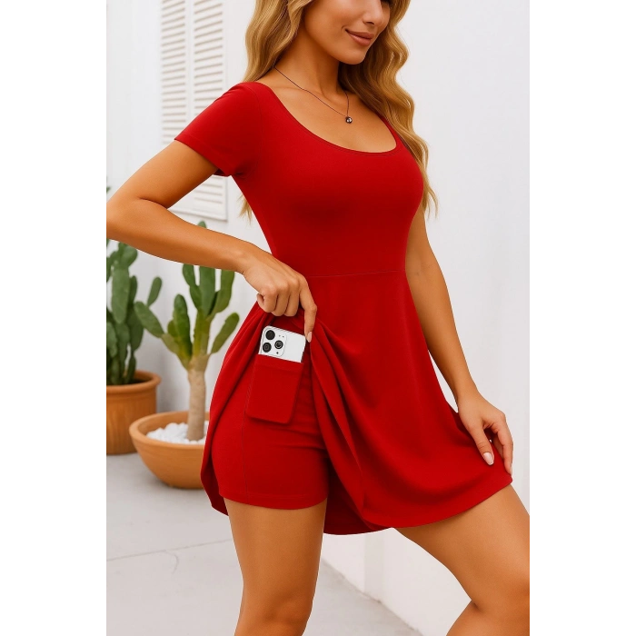 Kadın Kısa Kollu Kare Yaka Short Detaylı Cepli Dalgıç Elbise