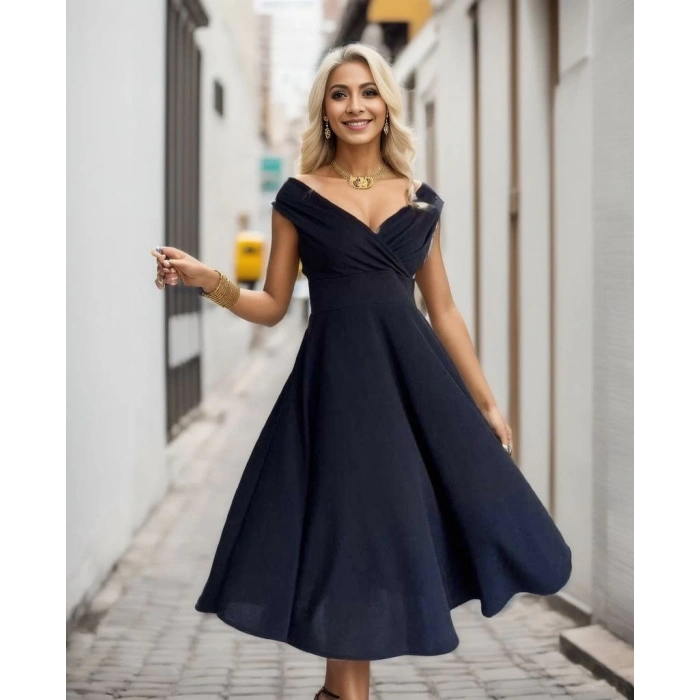 Kadın Kısa Kollu Kruvaze Yaka Eteği Volanlı Krep Elbise