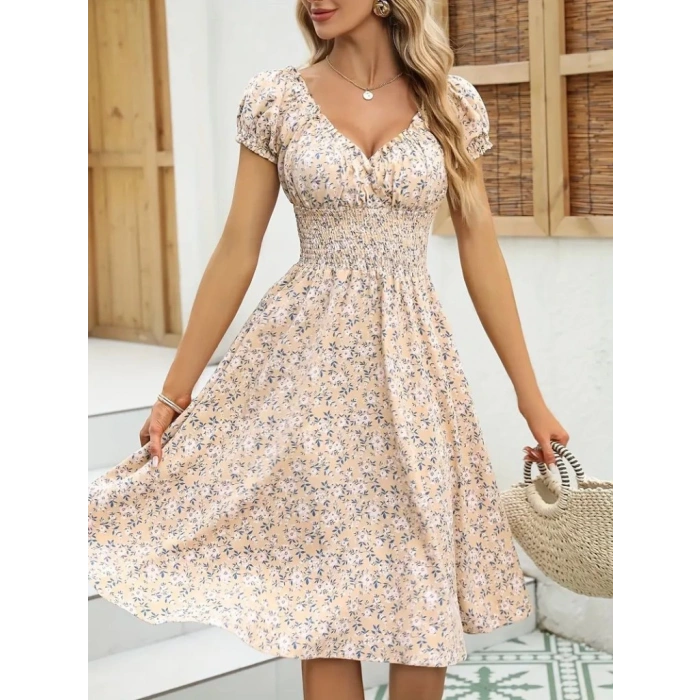 Kadın Kısa Kollu Kruvaze Yaka Lastikli Belden Gipeli çiçek Desenli Suprem Elbise