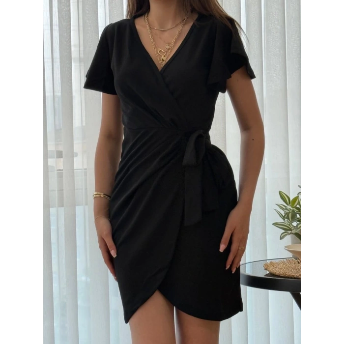 Kadın Kısa Kollu Kruvaze Yakalı Belden Bağlamalı Ithal Krep Elbise