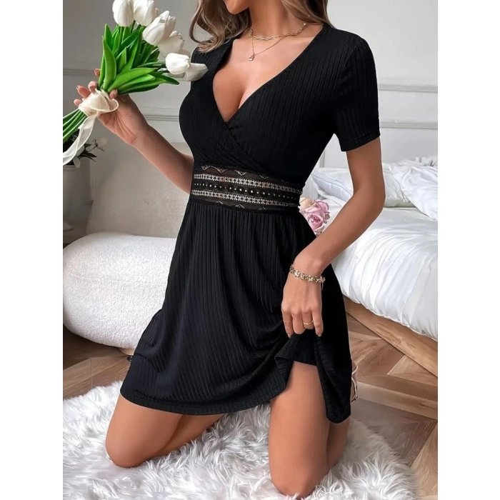 Kadın Kısa Kollu Kruvaze Yakalı Belden Dantelli Kaşkorse Elbise