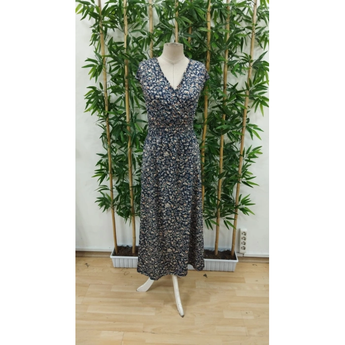 Kadın Kısa Kollu Kruvaze Yakalı çiçek Desenli Belden Lastikli Süprem Uzun Elbise