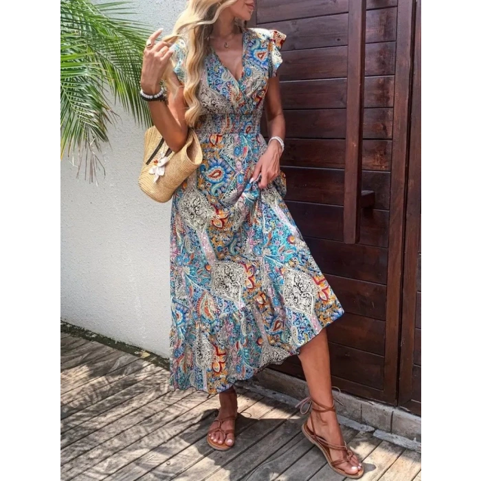 Kadın Kısa Kollu Kruvaze Yakalı Desenli Maxi Elbise