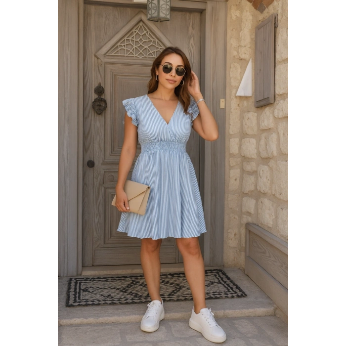 Kadın Kısa Kollu Kruvaze Yakalı Poplin Elbise