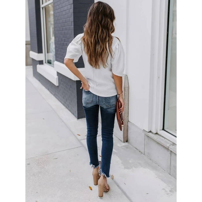 Kadın Kısa Kollu Pileli Balın Kol Bürümcük Bluz