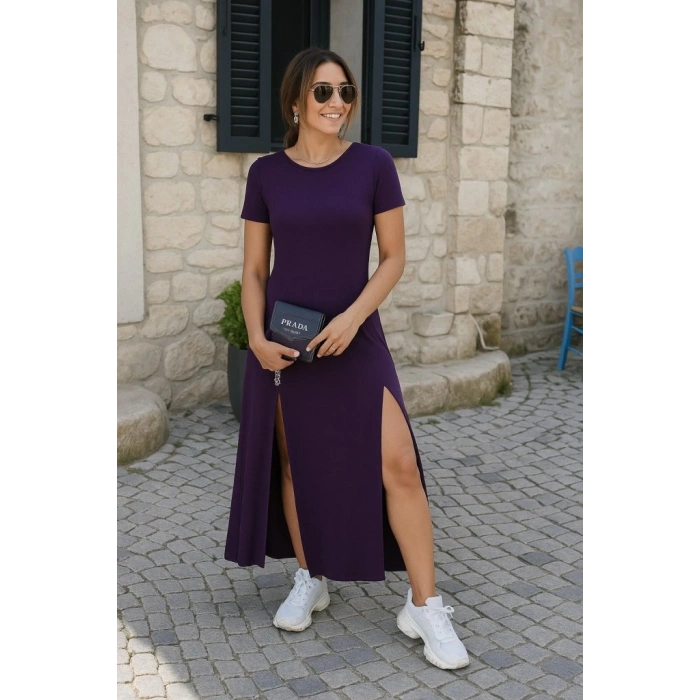 Kadın Kısa Kollu Sırt Dekolteli Yırtmaç Detaylı Viskon Elbise