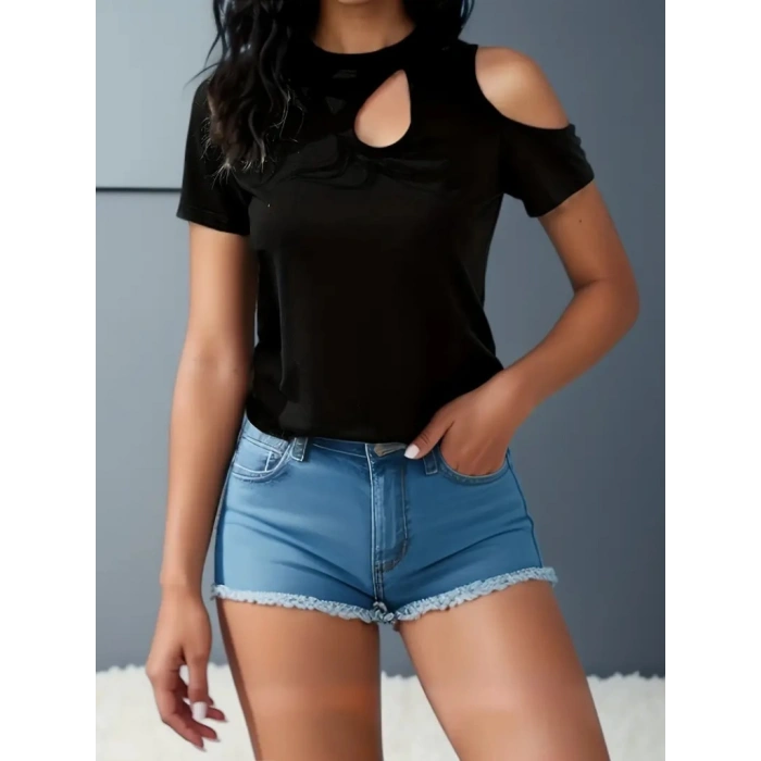 Kadın Kısa Kollu Tek Omuzu Açık Damla Detaylı Viskon Bluz