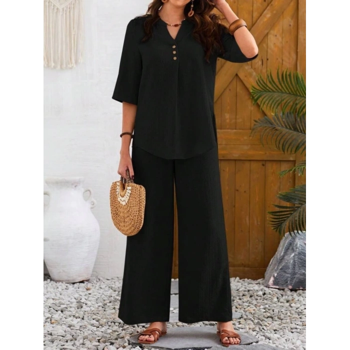 Kadın Kısa Kollu V Hakim Yaka Düğmeli Bürümcük Bluz Ve Pantolon Ikili Takım