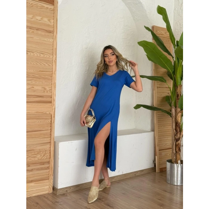 Kadın Kısa Kollu V Yaka Maxi Boy Elbise 124 Cm