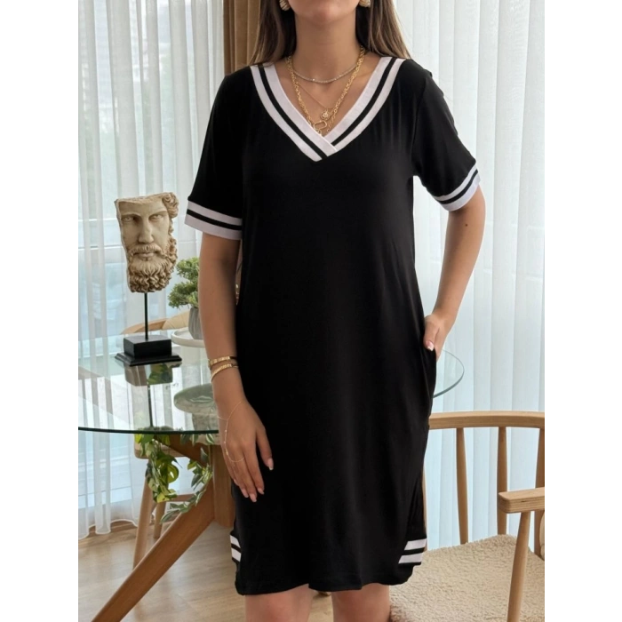 Kadın Kısa Kollu V Yaka Ribana Detaylı Cepli Dizüstü Viskon Elbise